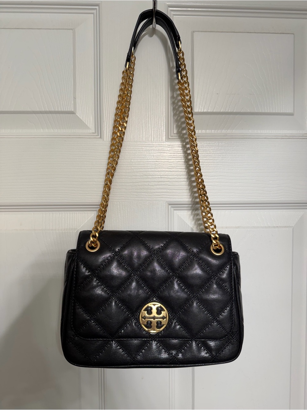 Tory Burch Black Quilted Leather Shoulder Bag with Gold Chain